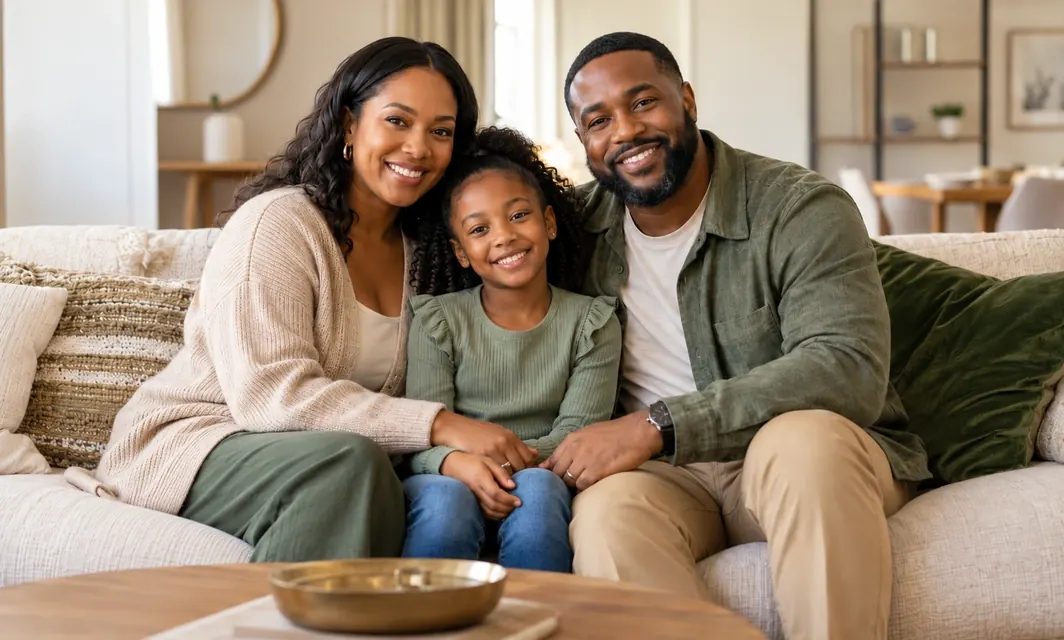 A smiling family of three relaxing together on a living room sofa