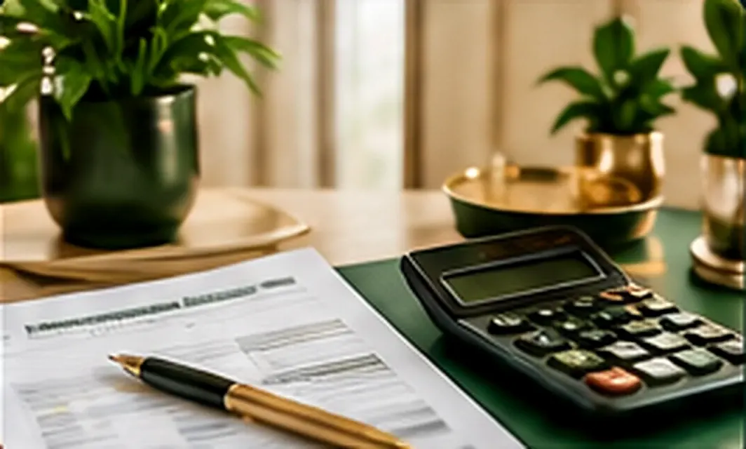 An organized desk with tax documents, a pen, and a calculator